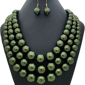 Women's Simulated Faux Three Multi-Strand Pearl Statement Necklace and Earrings